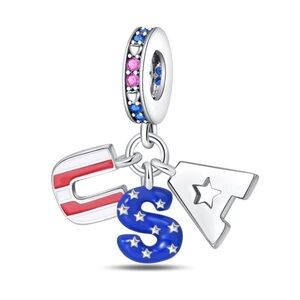 USA Dangle Charm, fits Charm Bracelet, S925 Silver, Patriotic Charm Jewelry